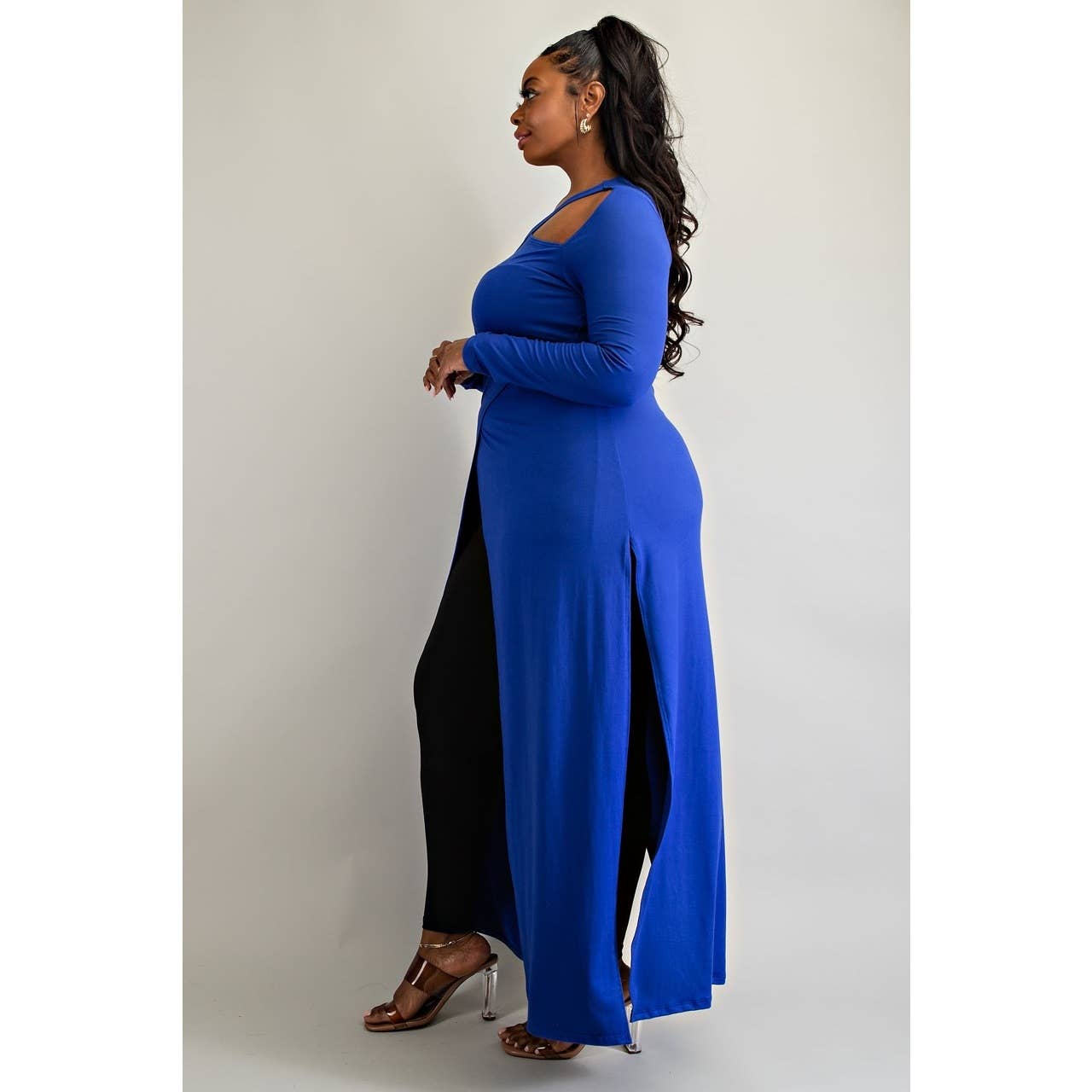 PLUS CRISS CROSS KEYHOLE CUT OUT LONG SLEEVE MAXI TOP: Royal