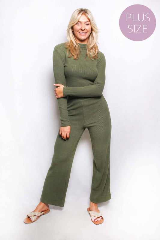 Women's Plus Long Sleeves Tie Back Rib Loungewear Set