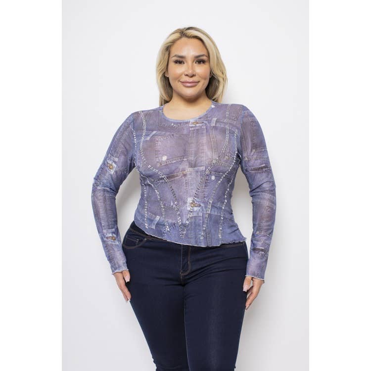 PLUS MESH DENIM PRINT RHINESTONE STUDDED LONG SLEEVE TOP