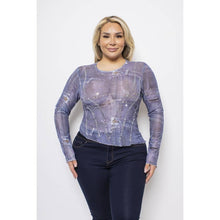 Load image into Gallery viewer, PLUS MESH DENIM PRINT RHINESTONE STUDDED LONG SLEEVE TOP

