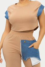 Load image into Gallery viewer, Color Block Denim Sleeve Top And Biker Shorts Set: Fuchsia-Denim
