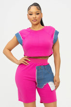 Load image into Gallery viewer, Color Block Denim Sleeve Top And Biker Shorts Set: Fuchsia-Denim
