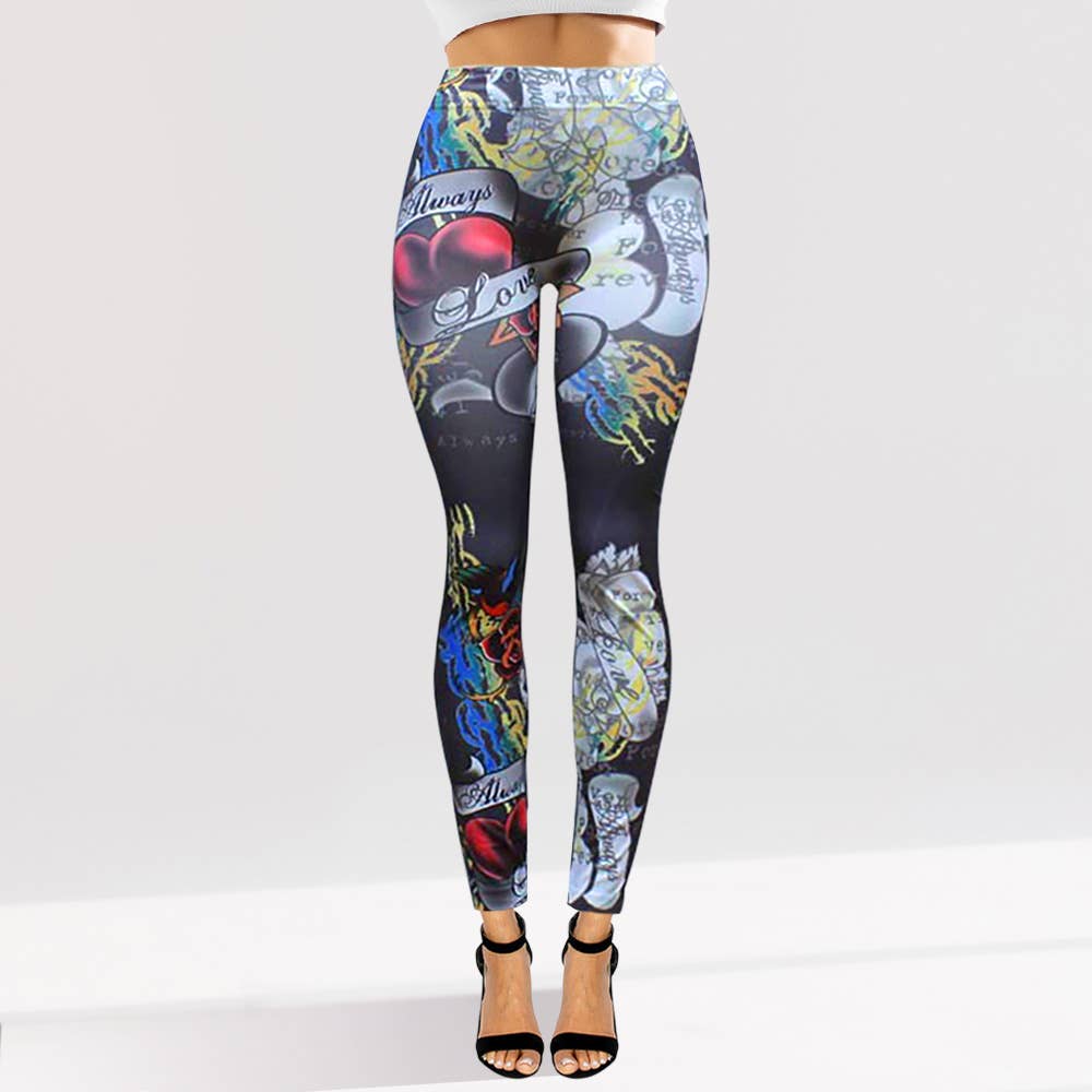 Tattoo Inspired Graphic Printed High Waisted Leggings: White