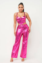 Load image into Gallery viewer, Foil Pu Corset Top And Front Button Pants Set: Fuchsia
