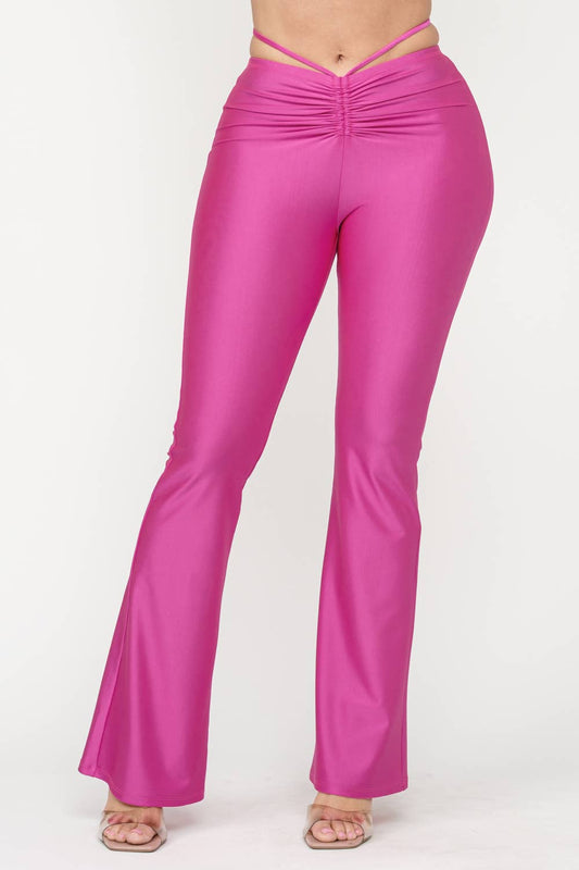 Front Tunnel Shirring Waist Tie Flare Pants: Fuchsia