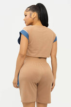 Load image into Gallery viewer, Color Block Denim Sleeve Top And Biker Shorts Set: Fuchsia-Denim
