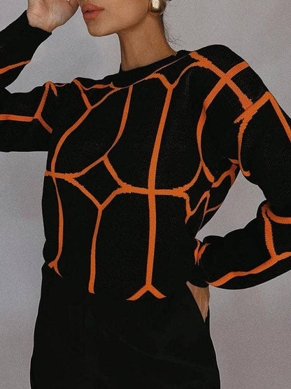 VividLux - Long Sleeves Loose Geometric Round-Neck Knitwear Pullovers Sweater Tops: BLUE / L VividLux