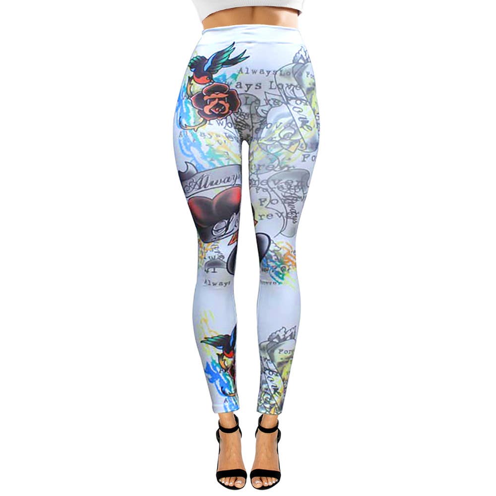 Tattoo Inspired Graphic Printed High Waisted Leggings: White