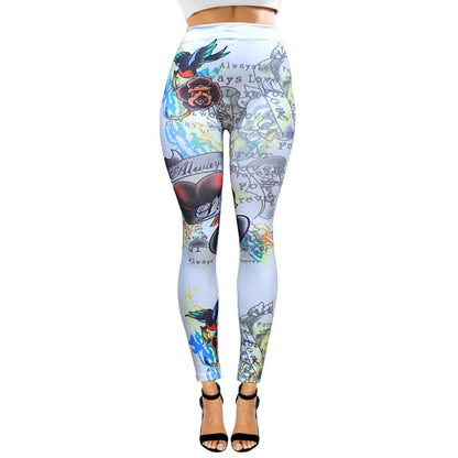 Tattoo Inspired Graphic Printed High Waisted Leggings: White