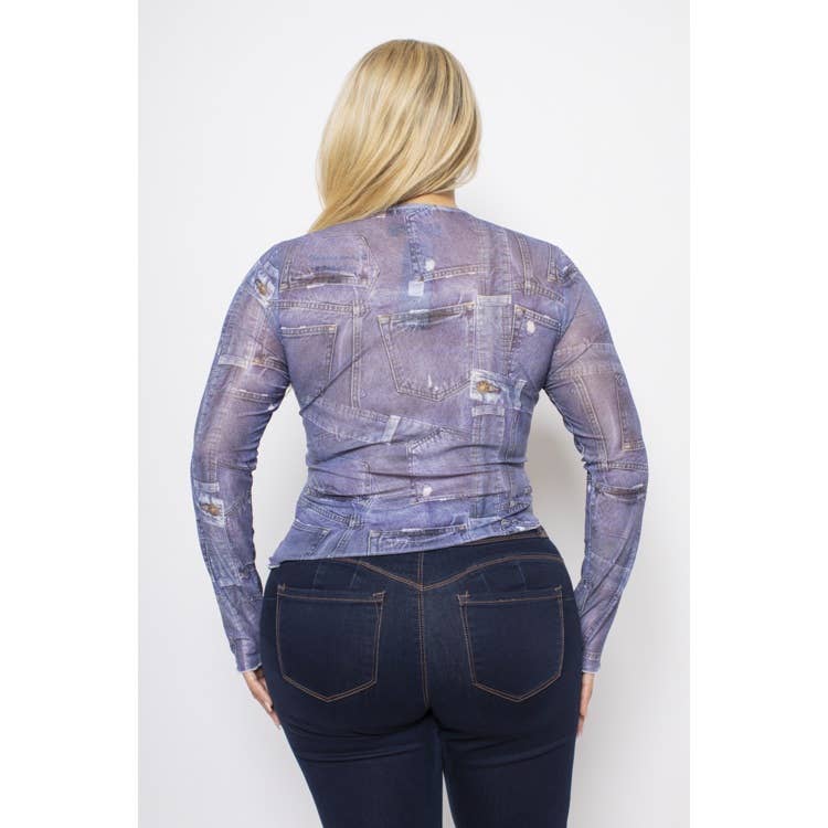 PLUS MESH DENIM PRINT RHINESTONE STUDDED LONG SLEEVE TOP