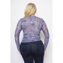 Load image into Gallery viewer, PLUS MESH DENIM PRINT RHINESTONE STUDDED LONG SLEEVE TOP
