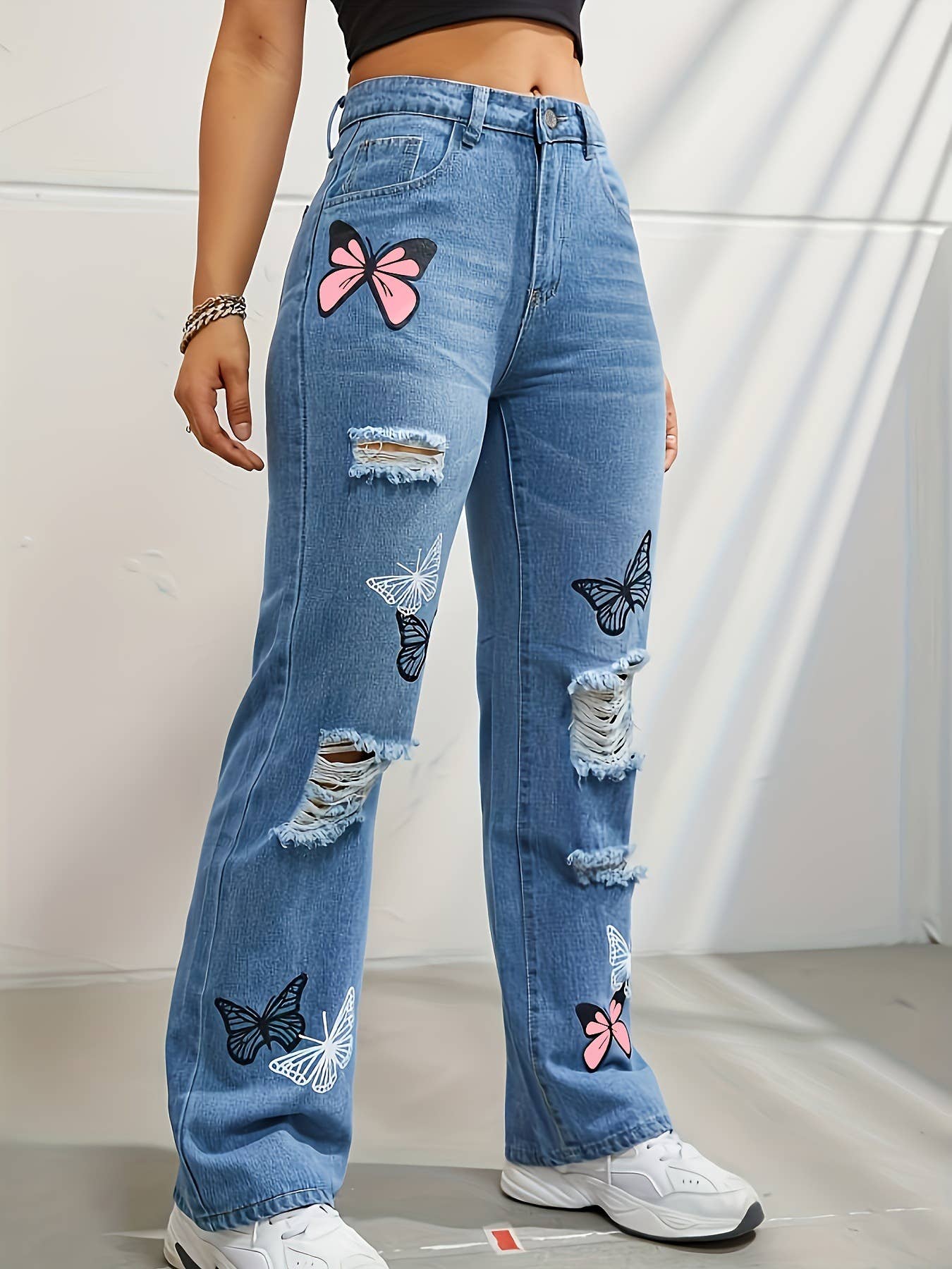 Tourtiwi - Women's butterfly print ripped high waist denim trousers: Blue / XL