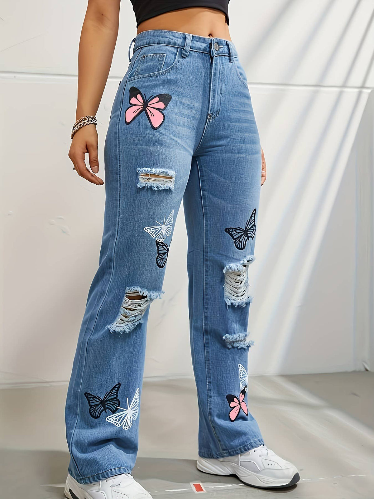 Tourtiwi - Women's butterfly print ripped high waist denim trousers: Blue / XL