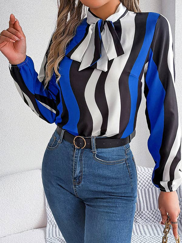 VividLux - Long Sleeves Loose Contrast Color Elasticity Striped Tied Mock Neck Blouses&Shirts Tops: BURGUNDY / M VividLux