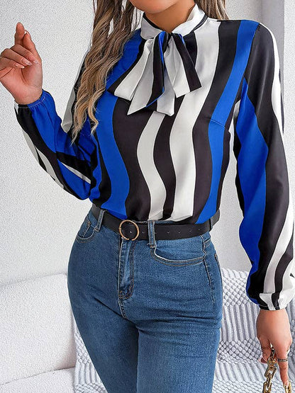 VividLux - Long Sleeves Loose Contrast Color Elasticity Striped Tied Mock Neck Blouses&Shirts Tops: BURGUNDY / M VividLux