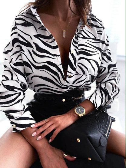 VividLux - Long Sleeves Loose Printed Lapel Blouses: GREEN / XL VividLux