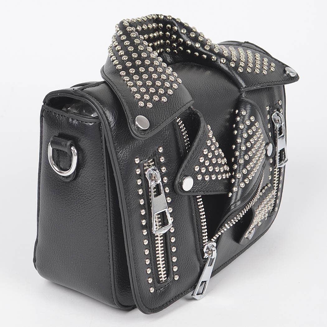 Vegan Leather Metal Studded Jacket Clutch: Silver