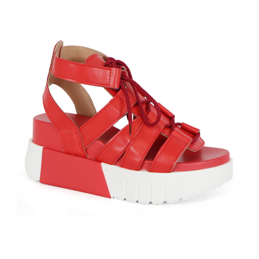Lace Up Chunky Wedge Sandals: Red