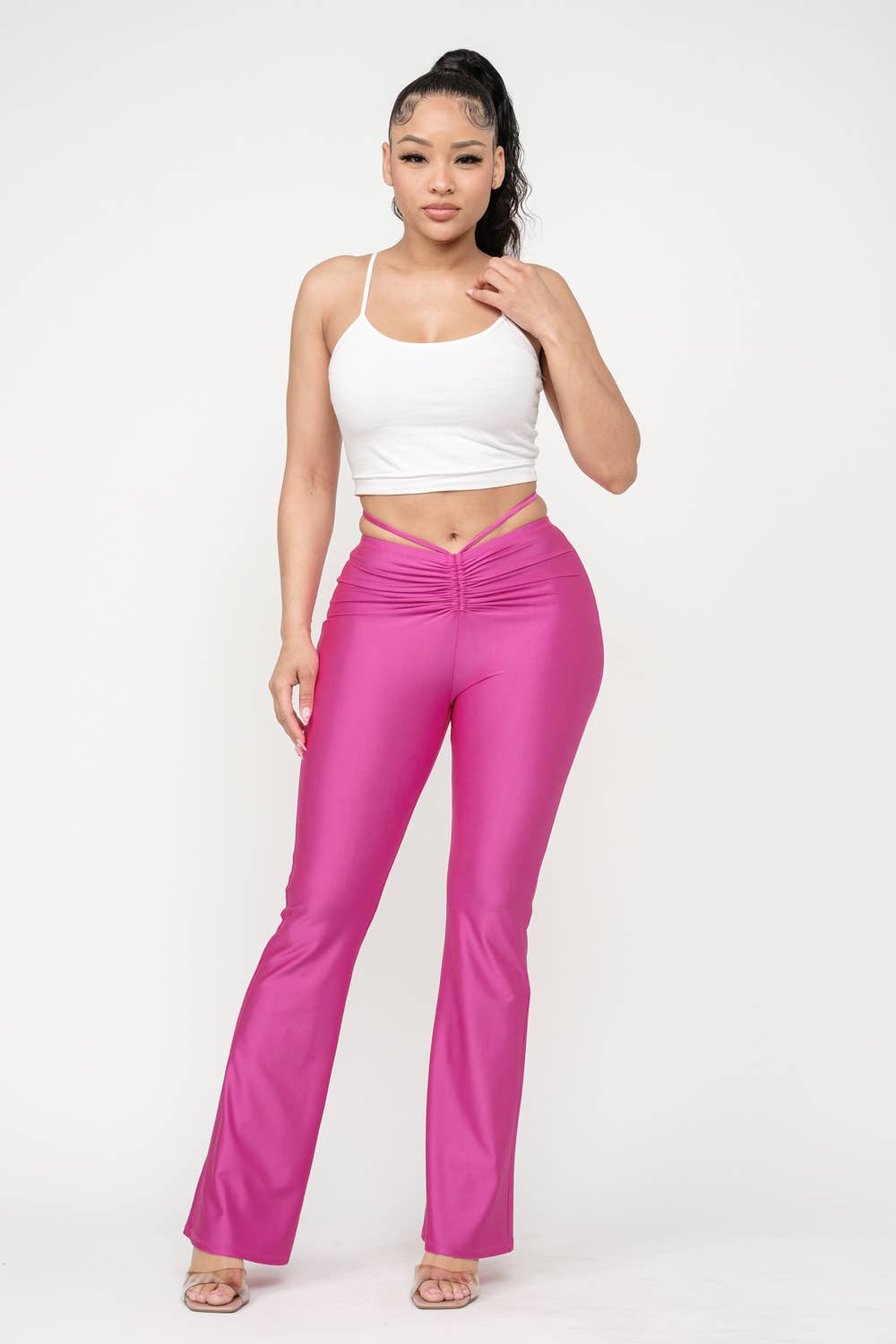 Front Tunnel Shirring Waist Tie Flare Pants: Fuchsia