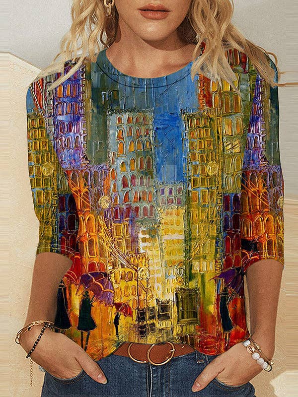 VividLux - Loose Plus Size Printed Round-Neck T-Shirts Tops: COLORFUL / L VividLux