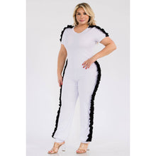 Load image into Gallery viewer, PLUS WHITE AND BLACK RUFFLE DETAIL JUMPSUIT : WHITE Bodi Language for Women
