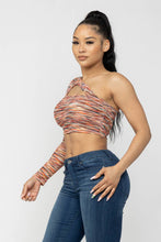 Load image into Gallery viewer, Space Dye One Shoulder Cut Out Detail Crop Top: Orange Combo Julia by LoveJ
