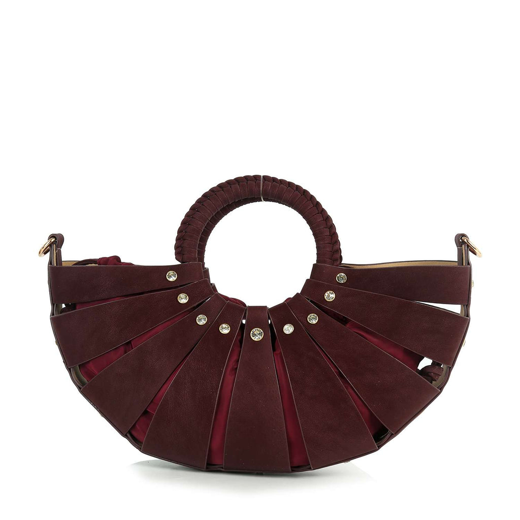 Unique  Design Rhinestone Accented Hand Tote: Burgundy