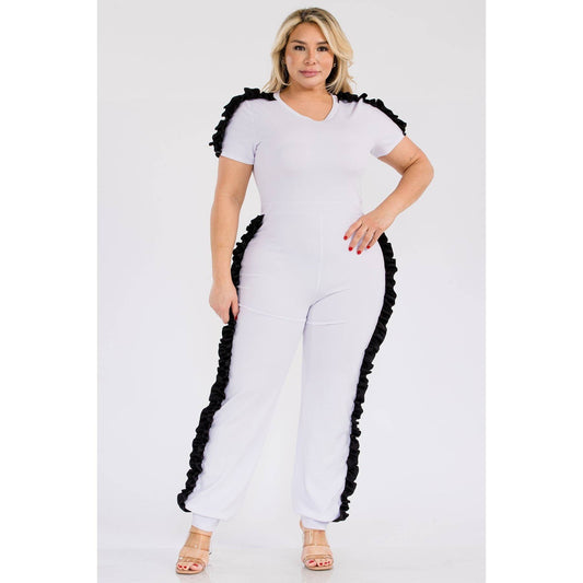 PLUS WHITE AND BLACK RUFFLE DETAIL JUMPSUIT : WHITE Bodi Language for Women