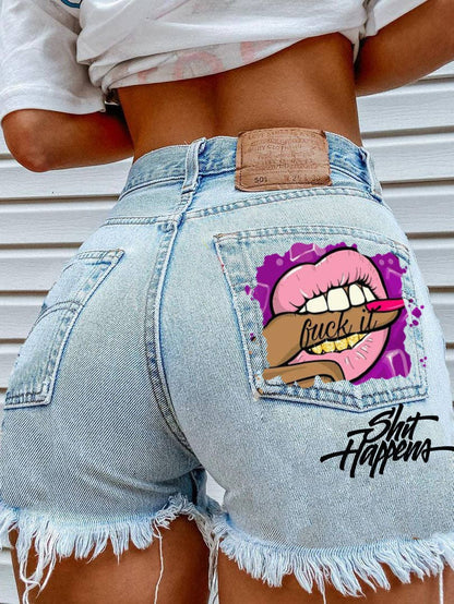 Bite Finger Printed Ripped Jeans: Blue / XL