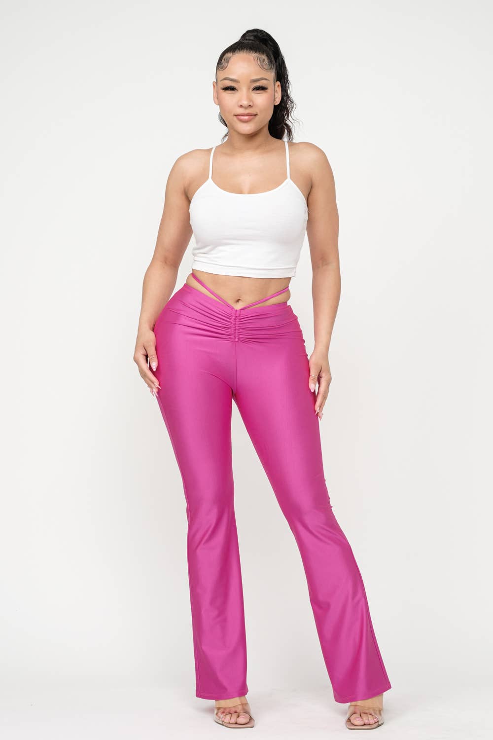 Front Tunnel Shirring Waist Tie Flare Pants: Fuchsia