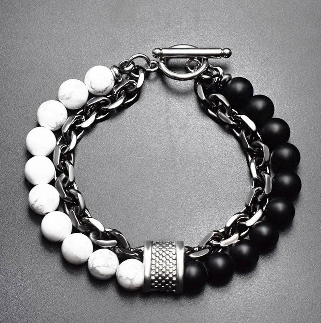 MEN'S CHAIN AND BEAD BRACELET: Howlite - White