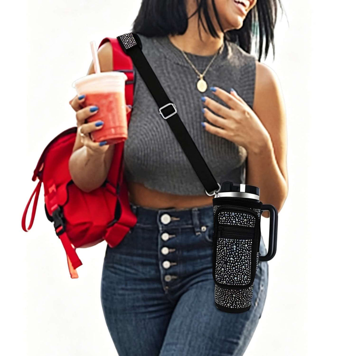 Trendy Rhinestone Design Water Bottle Carrier: Black