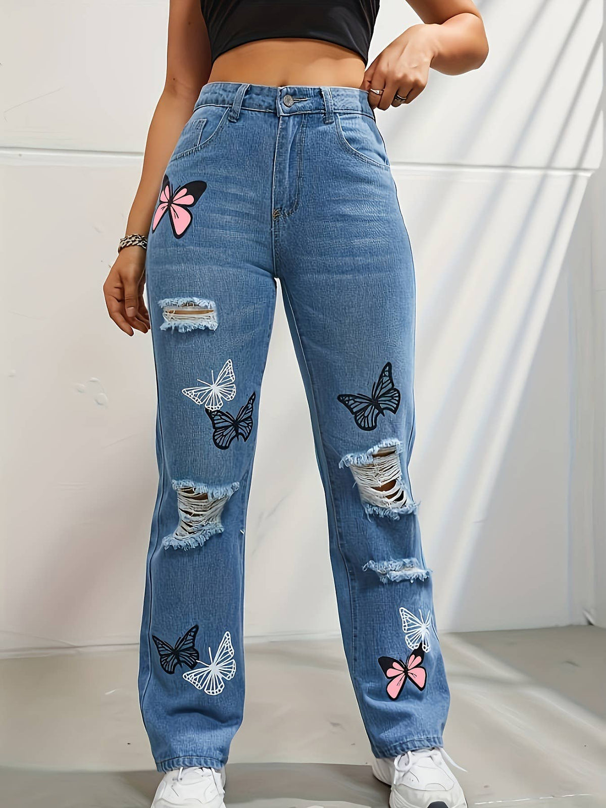 Tourtiwi - Women's butterfly print ripped high waist denim trousers: Blue / 2XL