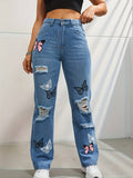 Tourtiwi - Women's butterfly print ripped high waist denim trousers: Blue / XL