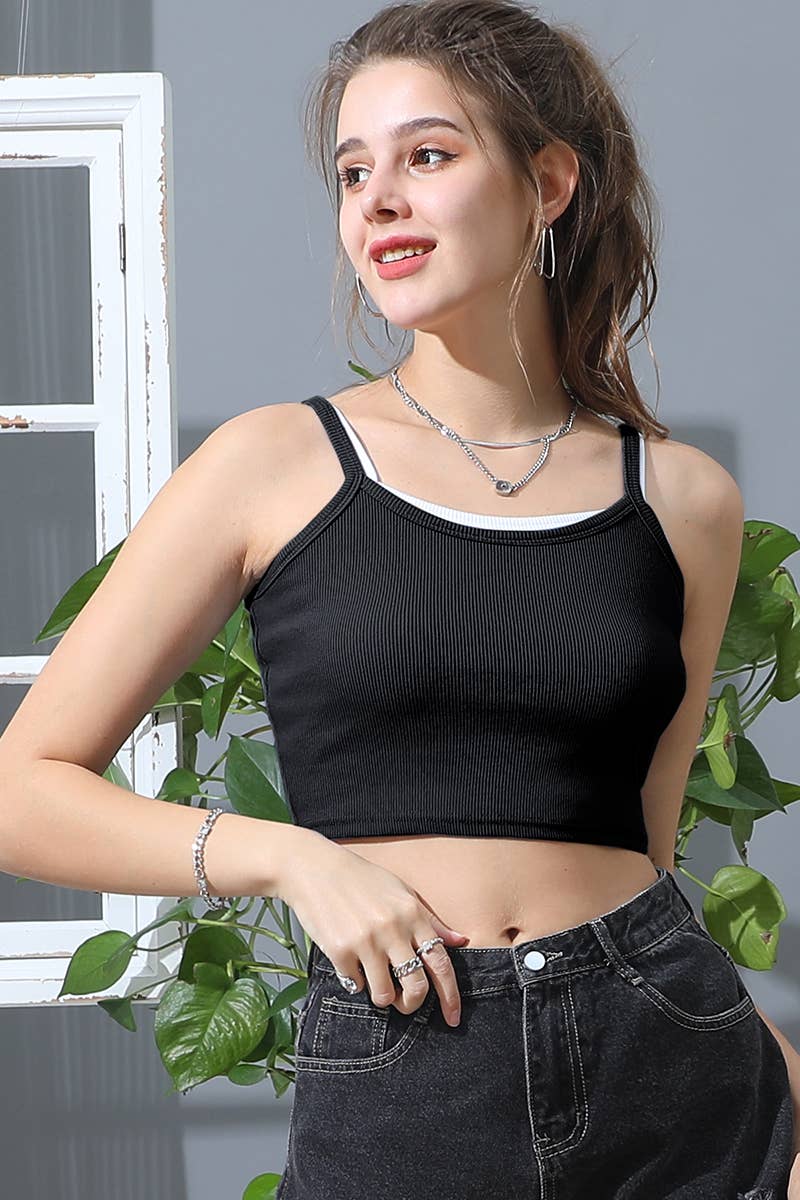 SOLID RIB KNIT CROP CAMI TANK TOP: BLACK