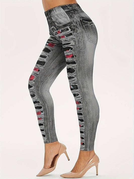 Casual Stretch Ripped Denim Legging -Grey