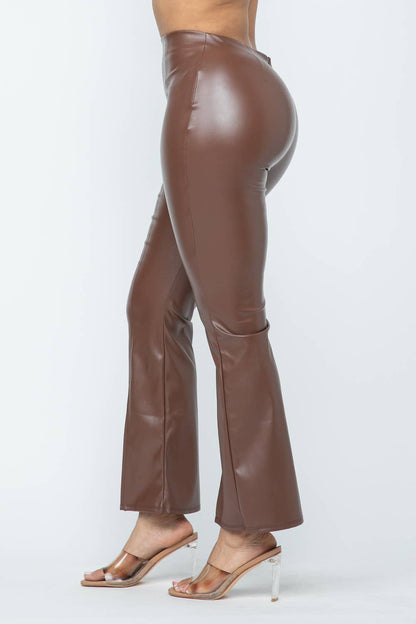 Pu Leather High Waisted Front Slit Hem Back Zipper Pants: Coffee Julia by LoveJ