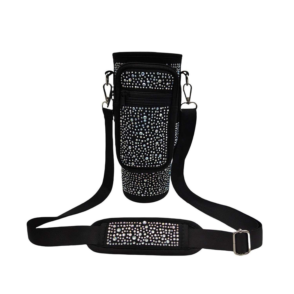 Trendy Rhinestone Design Water Bottle Carrier: Black