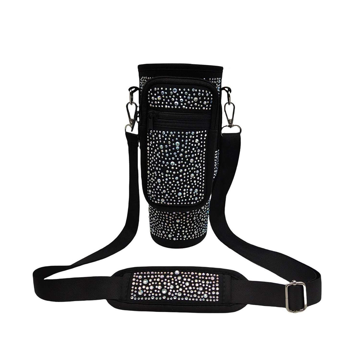 Trendy Rhinestone Design Water Bottle Carrier: Black