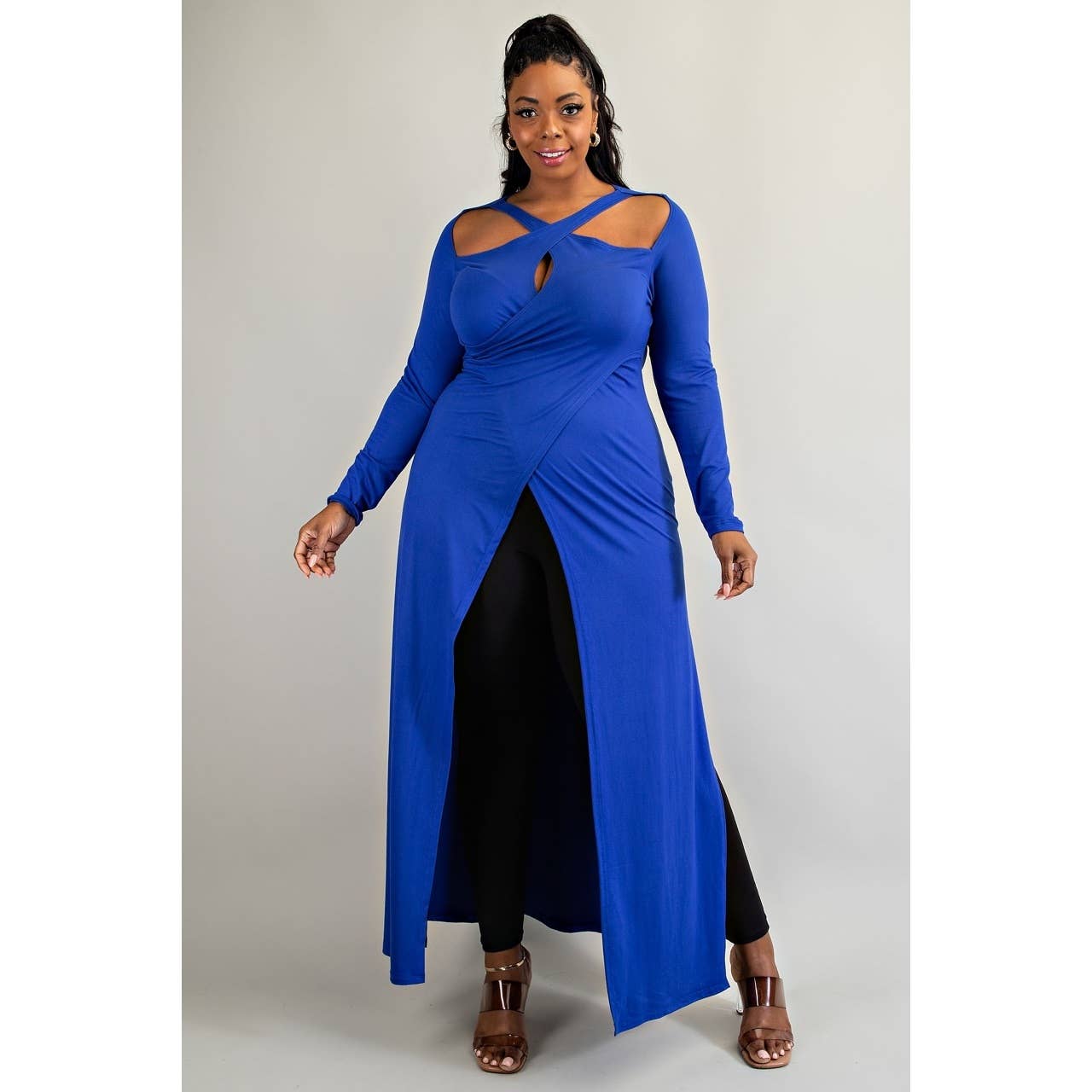 PLUS CRISS CROSS KEYHOLE CUT OUT LONG SLEEVE MAXI TOP: Royal