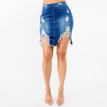 Load image into Gallery viewer, DISTRESSED CUT HEM DENIM SKIRT / DARK BLUE Bodi Language for Women
