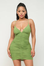 Load image into Gallery viewer, Front Deep V-Neck Ruched Shirring Mini Dress: Avocado Bodi Language for Women
