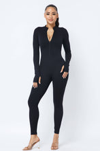 Load image into Gallery viewer, Front Zipper Mock Neck Open Thumb Long Sleeve Jumpsuit:  Black Julia by LoveJ
