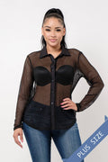 Plus Size Fishnet Button Down Shirt Black - Bodi Language for Women