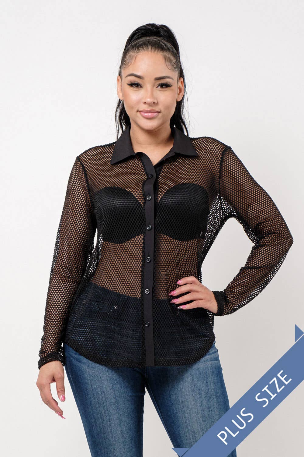 Plus Size Fishnet Button Down Shirt Black - Bodi Language for Women
